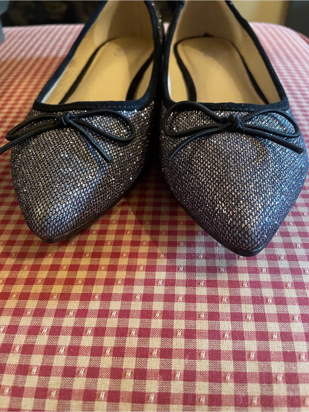 Cato Silver-Black Sparkle Pointed Toe Ballet Flats with Bow Trim